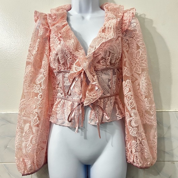 Womens S Embroidered Lace Sheer Pink Top Fairy Barbie Feminine Coquette Romantic - Picture 1 of 12